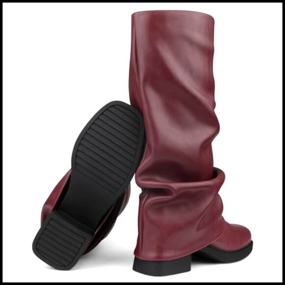Dakaela Women Slouchy Fold Over Booties Wide Calf Platform Chunky Heel Pull On Moto Boots